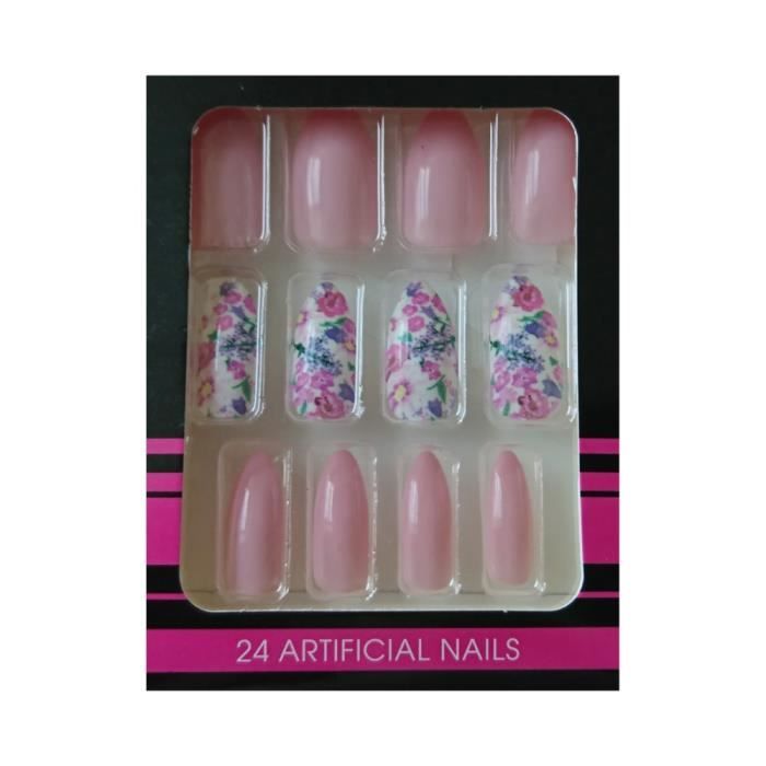 Faux Ongles Bouts Pointus Adhesifs Rose Et Fleurs