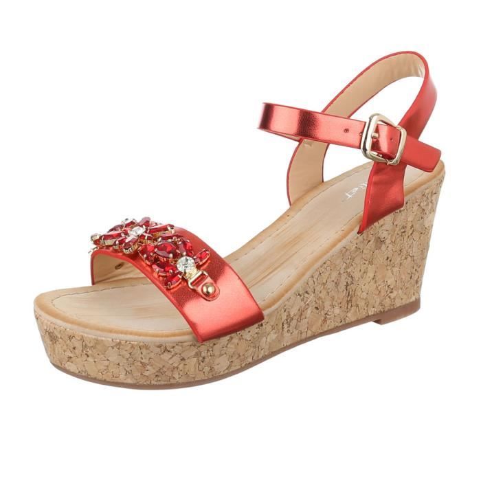 femme sandalette chaussure semelle compensée Wedges Plateau rouge