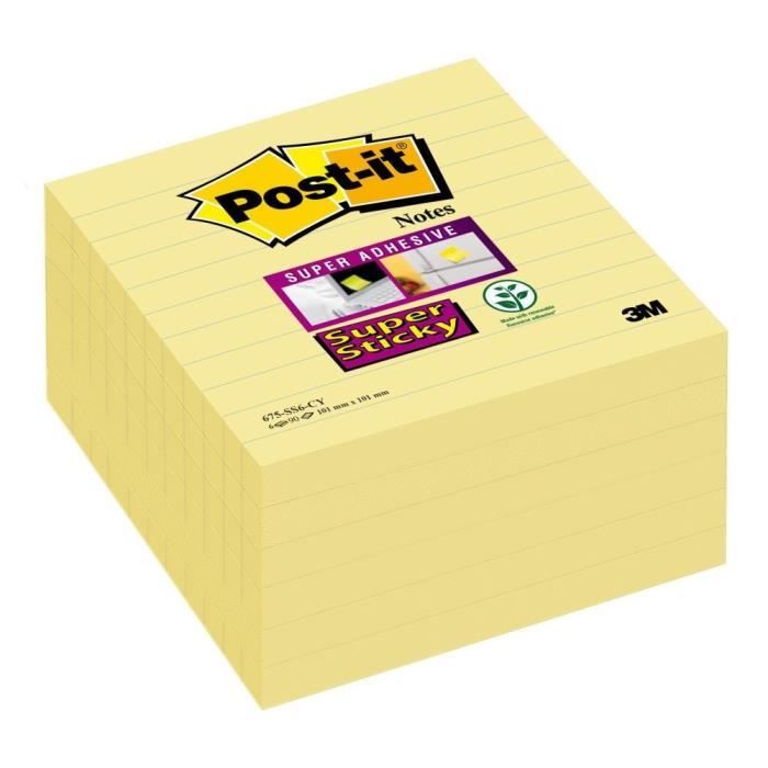 POST-IT Lot de 6 bloc-notes Super Sticky - 90 feuilles - Jaune
