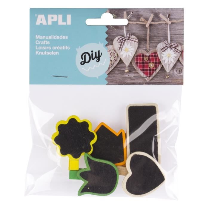 APLI Sachet de 5 mini pinces en bois ardoise - Formes assorties