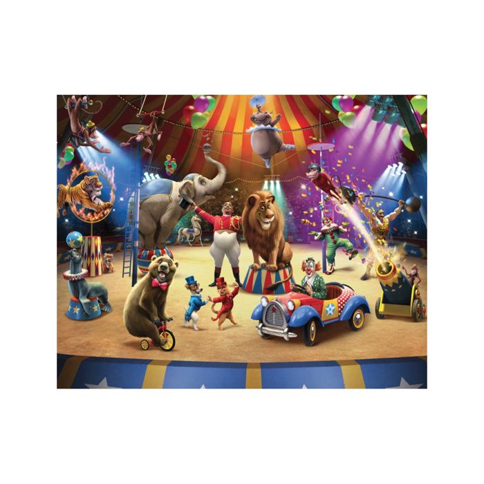 Papier Peint Enfant Motif Cirque Rasch - Lions, éléphants, Singes, étoiles - Couleur Rose - Rouleau 10m X 53cm