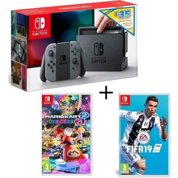 Pack Nintendo Switch Grise Edition Limitée + Fifa 19 + Mario Kart 8 Deluxe + code téléchargement 35€ Nintendo eShop