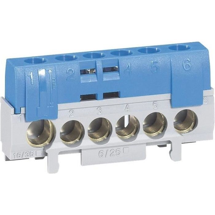LEGRAND Bornier de neutre 5 bornes pour câble 6 à 25mm² + 1 pour câble 10 à 35 mm² bleu