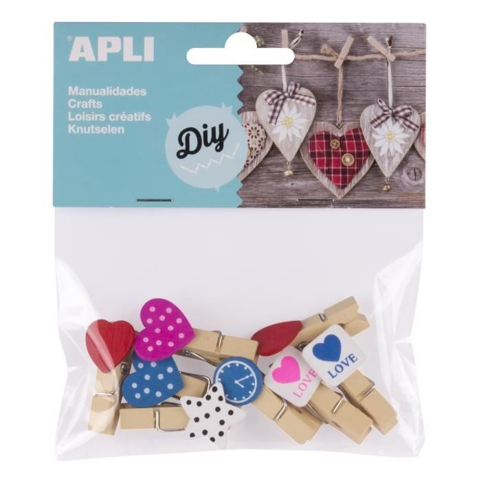 APLI Sachet de 8 mini pinces en bois - Formes et motifs assortis