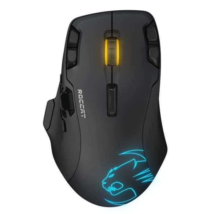 Roccat Souris Gamer LEADR - Sans fil - Rétroéclairée RGB - Optique - 14 Boutons - 12 000 DPI - Station de recharge - Noire