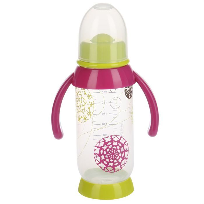 Coloris  Rose/vert   Biberon 260 ml avec poignées + tétine silicone