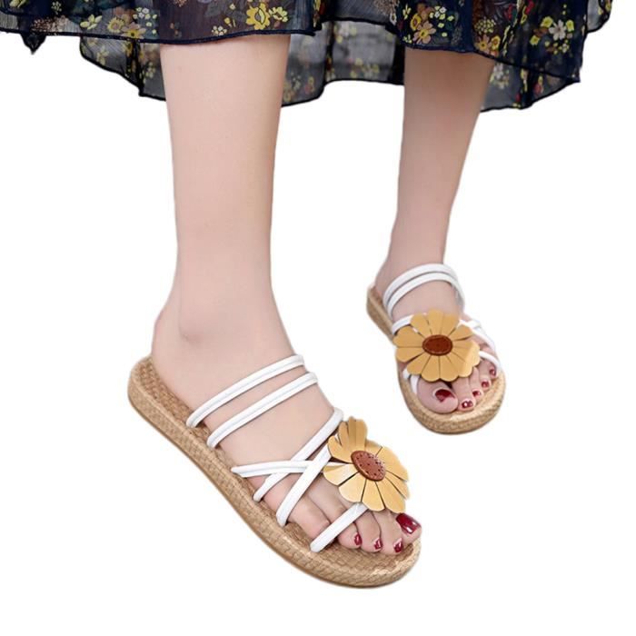 Sandales Anti Talon Dérapage Femmes Plage Pantoufle Fleur Plat Mode Blanc Chaussures Ljd80326891wh 8SqCaw