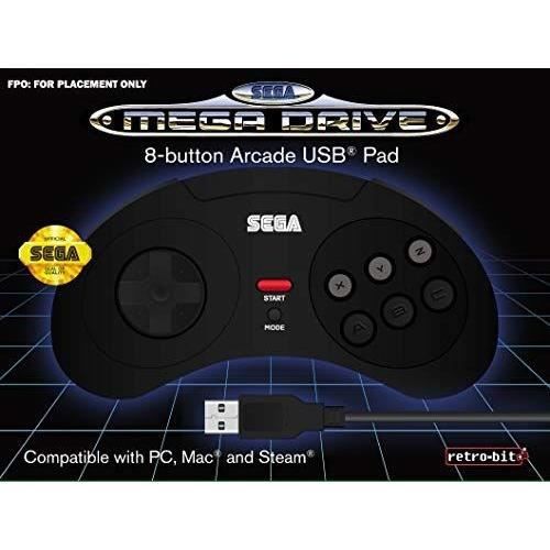 Manette filaire noire Retrobit SEGA Mega Drive Connexion USB