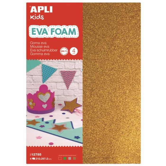 APLI Pochette 4 feuilles de mousse caoutchouc - Argent, or, rouge et vert à paillettes à paillettes