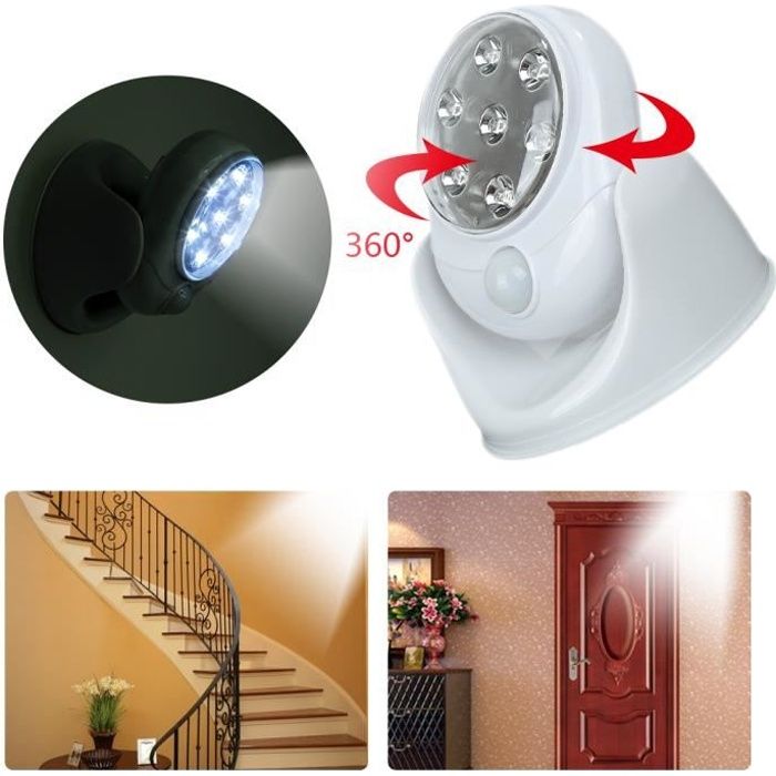 lampe led lumière 360° détecteur mouvement tourne automatique sans