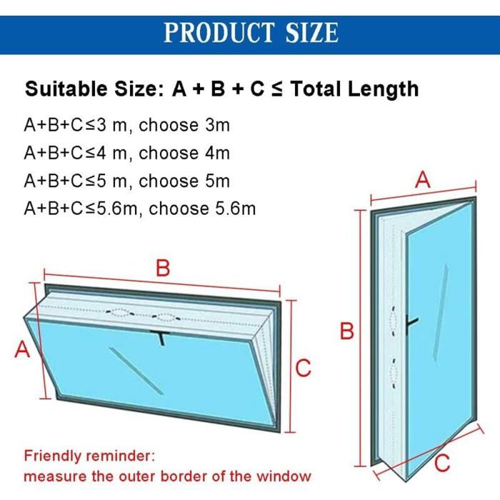 Schéma technique intitulé PRODUCT SIZE indiquant les dimensions A, B, C dune fenêtre avec des annotations pour choisir la taille appropriée (jusquà 5.6m), et un rappel de mesurer le bord extérieur de la fenêtre.