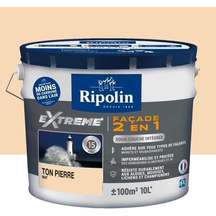 RIPOLIN Peinture façade universelle 2 en 1 avec sous-couche intégrée - Ton Pierre Mat - 10 L