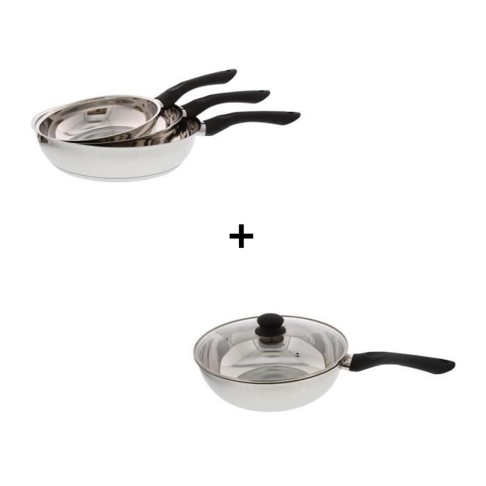 Pack FINLANDEK Nauris : Set de 3 poêles Ø20, 24 et 28 cm + Wok avec couvercle Ø28 cm