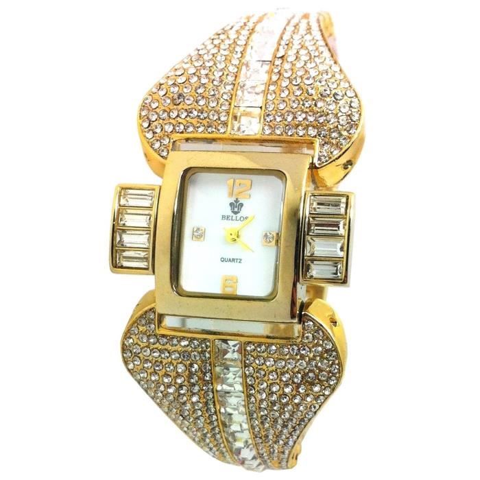 Montre Femme ROUHO Quartz - Bracelet Serpent Alliage élastique, Boîtier 3.3cm, Doré, étanche 30m, Soirée & Quotidien