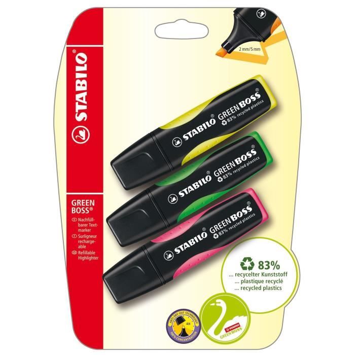 STABILO GREEN BOSS - lot de 3 surligneurs - jaune + vert + rose