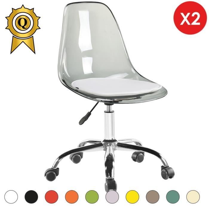 Gris Mobistyl® Bureau Transparent Roulettes Chrome 2 Chaise Hauteur De X Réglable 5AjR34L