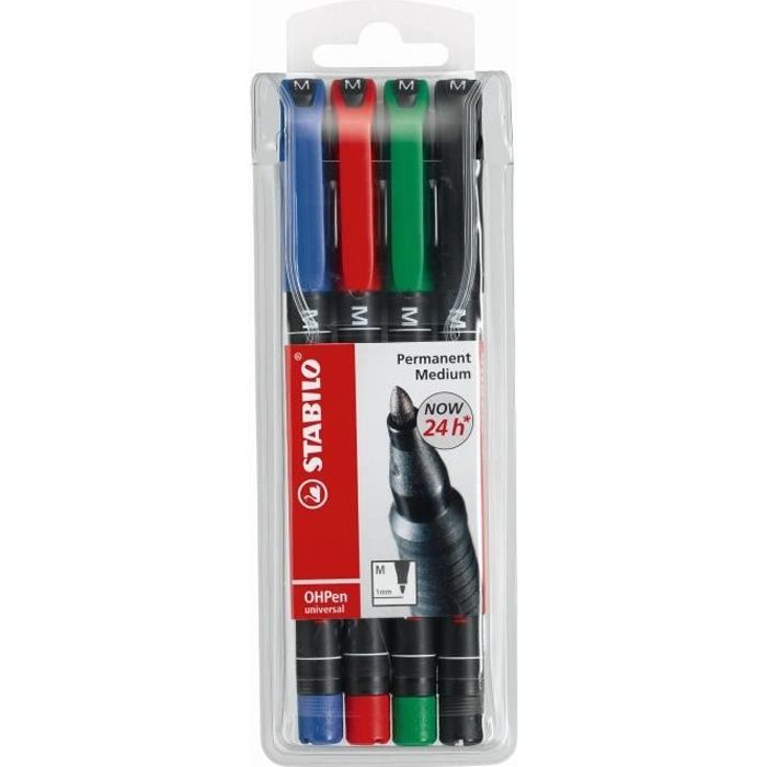 STABILO Pochette de 4 Stylos Feutre OHPen - Encre permanente - Pointe moyenne 1,0