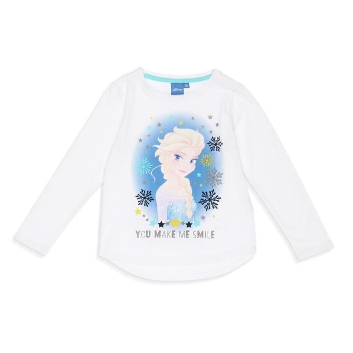 LA REINE DES NEIGES Tee-shirt Manches Longues Elsa - Enfant Fille - Blanc Imprimé
