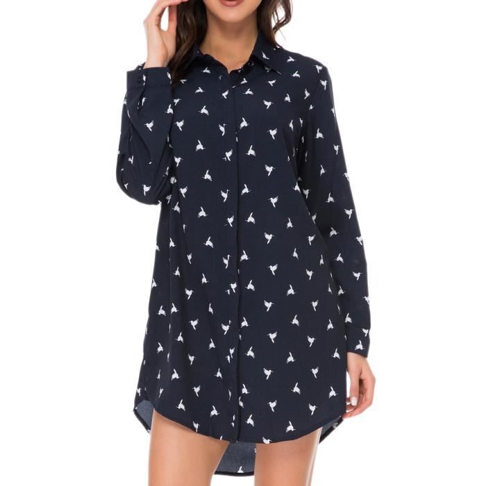 Animal Marine Chemise Bleu Robe Chic Petit Boutons Manche Oiseau Imprimé Femme Longue À 2EHD9I