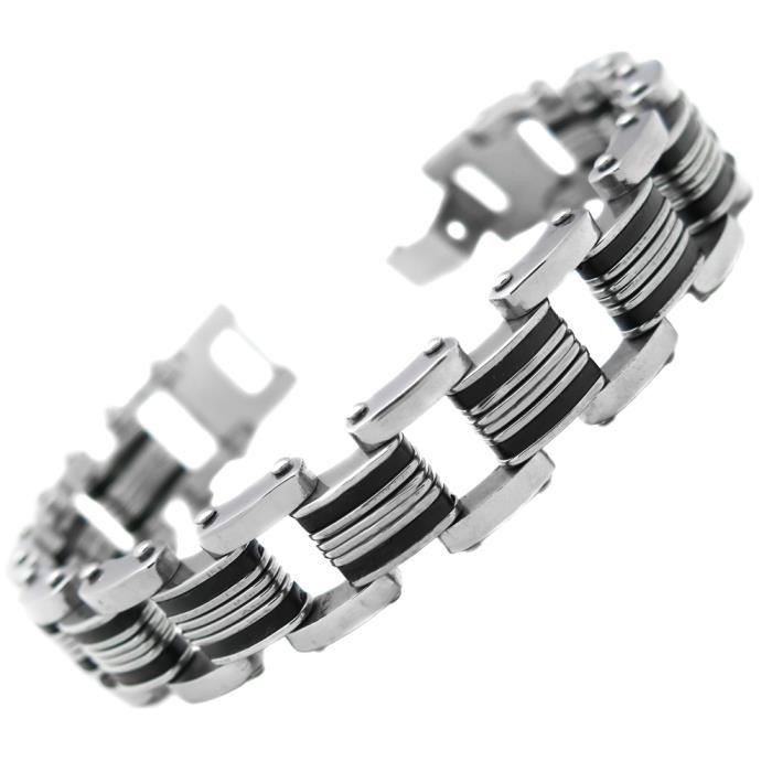 BRACELET , GOURMETTE Bracelet homme acier inoxydable noir silicone bike