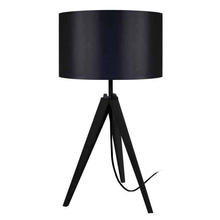 IDUN Lampe a poser trepied en bois naturel avec abat jour cylindrique en coton noir E27 30x56 cm