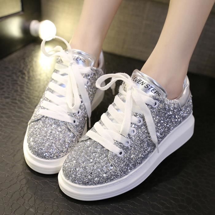 New Sport Plateforme Casual Chaussures Femme Ar... Argent ...