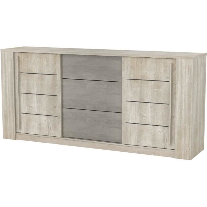 ANTIBES Enfilade style contemporain mélaminé décor chêne champagne et béton clair - L 206 cm