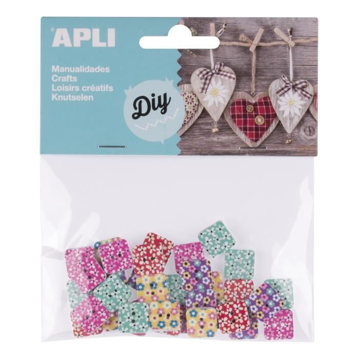 APLI Sachet de 35 boutons en bois avec motifs - Assortis - 13 x 13 mm
