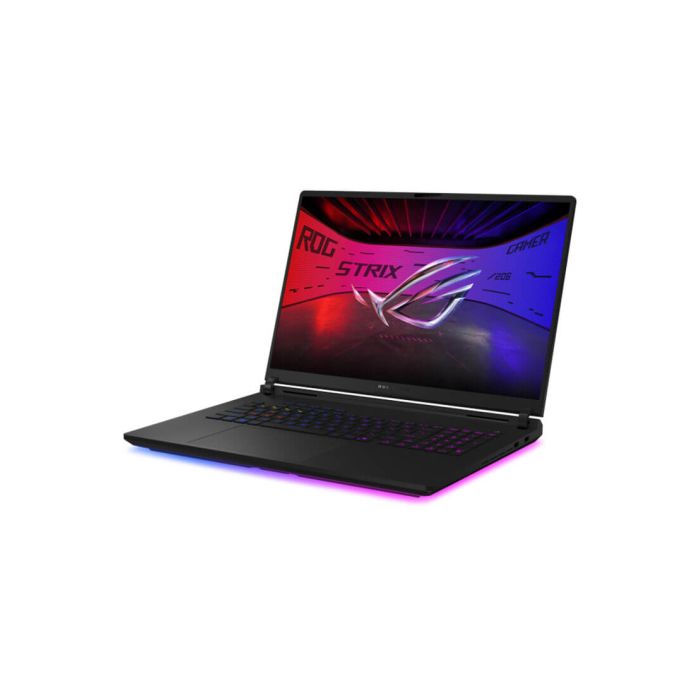 Vue de trois quarts avant du ASUS ROG STRIX G635LX-RW159W avec écran allumé affichant le logo ROG