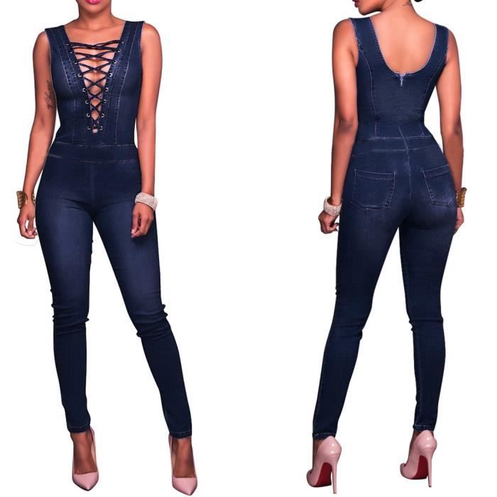Combinaison Femme Jeans Pantalon en Denim de Club Col V ...