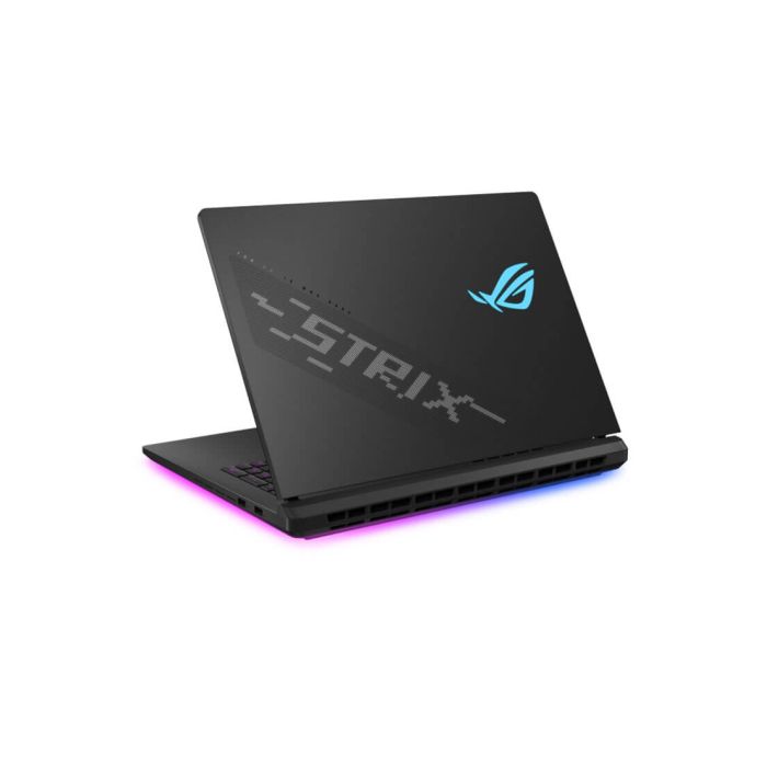 Vue arrière du ASUS ROG STRIX G635LX-RW159W avec logo ROG illuminé
