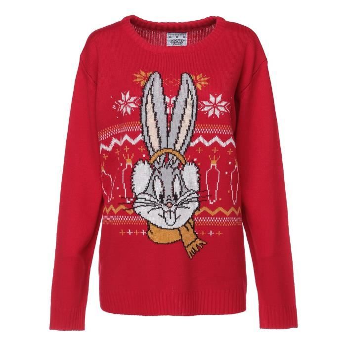 LOONEY TUNES Pull de Noël Bugs Bunny Rouge Femme