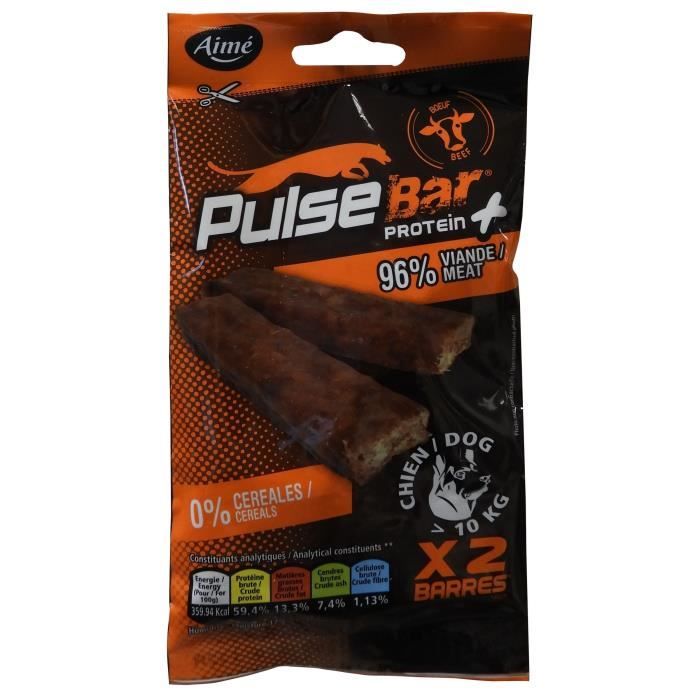 AIME Friandises PULSE BAR Protéine+, 2 Barres au BŒuf, Idéal Pour le Sport 96% BŒuf 59% Protéines - Pour Chien Adulte - 50g (x1)