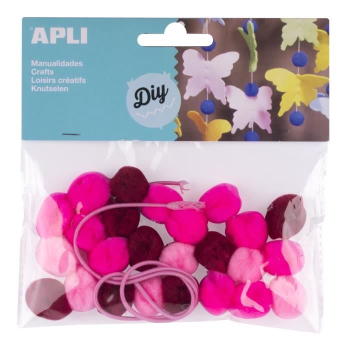 APLI Sachet de 25 pompons - Rose + cordon
