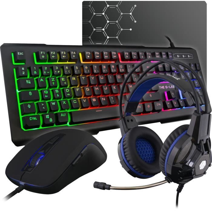 THE G-LAB COMBO XENON Clavier FR Rétroéclairé Haute Précision + Souris Ultra Réactive + Casque Technologie X-TRA Bass + Tapis