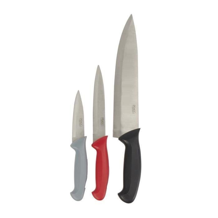 PRADEL HERITAGE Lot de 3 couteaux de cuisine en inox - Manche en plastique - Noir, gris et rouge