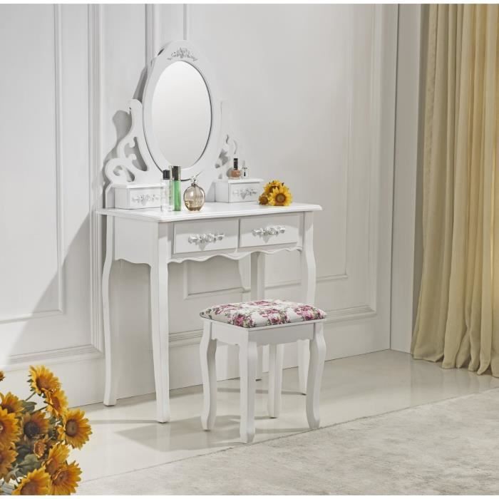 coiffeuse blanche moderne avec miroir et tabouret
