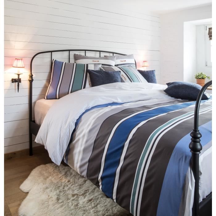 OLIVIER STRELLI Parure de couette 100% coton STRIPES 220x240cm - Taupe et Bleu