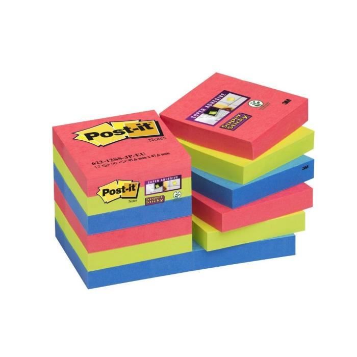 POST-IT Lot de 12 bloc-notes Super Sticky - Couleurs Bora Bora - 47,6 x 47,6 mm