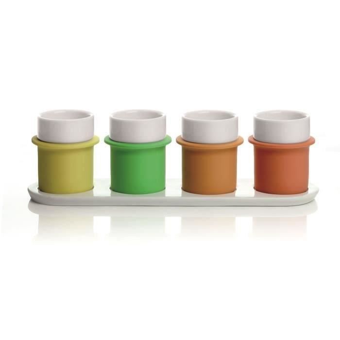 Ensemble 4 tasses à thé et plateau Boly Tea blanc, jaune, vert, moutarde et orange