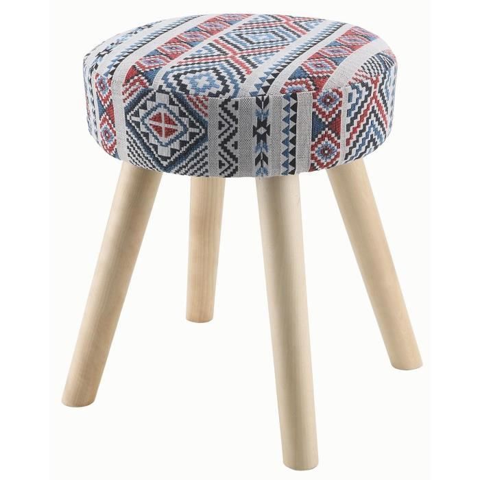 TAXCO Pouf rond en bois pin revetu de tissu motif azteque pieds en bois bouleau Ethnique L 30 x P 30 cm