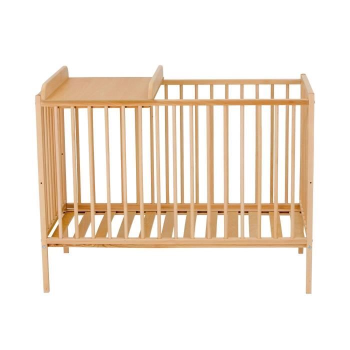TINEO Lit bébé à Barreaux 60x120 cm et plan à langer vernis Naturel