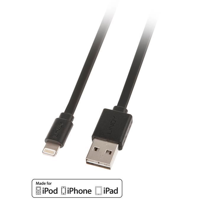 LINDY Câble plat USB réversible vers Lightning - Noir - 1m
