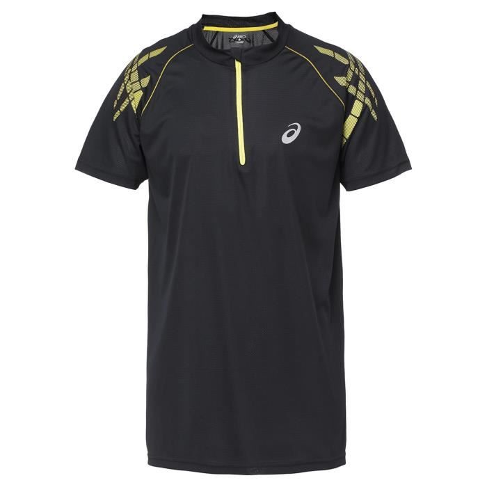 ASICS Speed Tee shirt manches courtes - Demi zip Homme - Noir et jaune