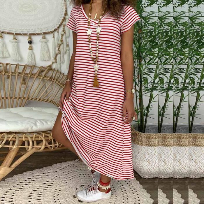 Manches Courtes Femmes Casual Striped Longue Robe De Soirée De Mariage Invité Rouge