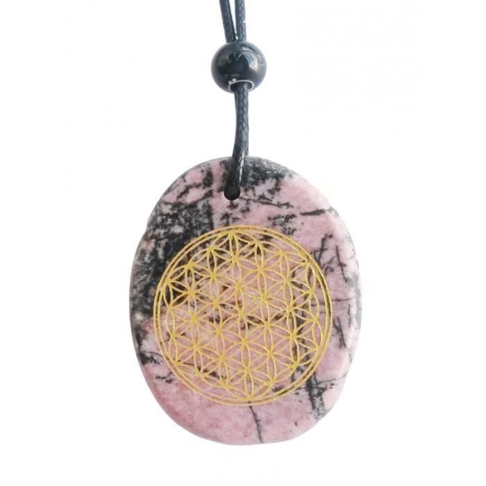 Pendentif Pierre Ovale Avec Fleur De Vie Rhodonite Marbré