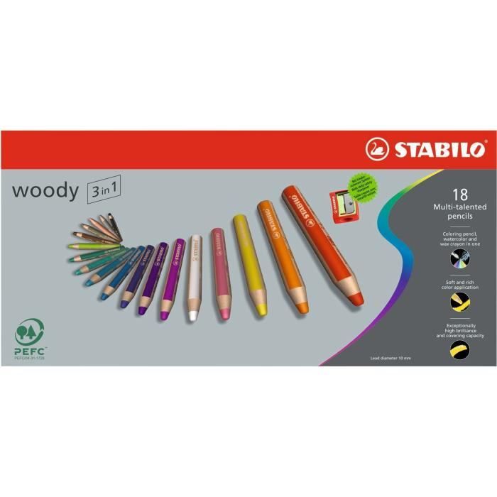 Pochette de 18 crayons multi-talents woody 3in1