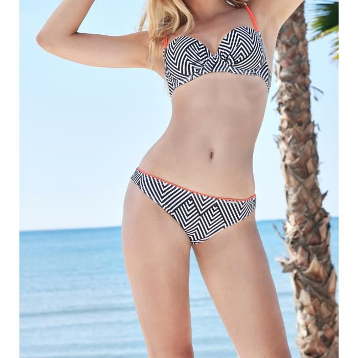 HAPPY AND SO Maillot de Bain Culottes Classique - Femme - Noir et Orange fluo