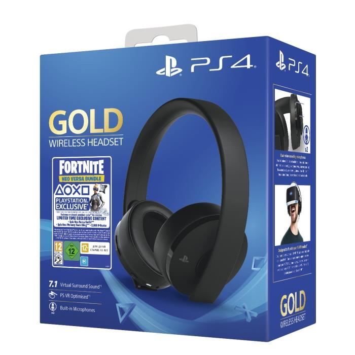 Casque Sans Fil Gold Black - Sony Virtual Surround Sound 7.1 pour PS4 - Optimisé PSVR + Voucher Fortnite - PlayStation Officiel