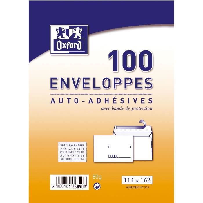 OXFORD 100 enveloppes pré-casées auto-adhésives - 16,2 cm x 11,4 cm x 5 cm